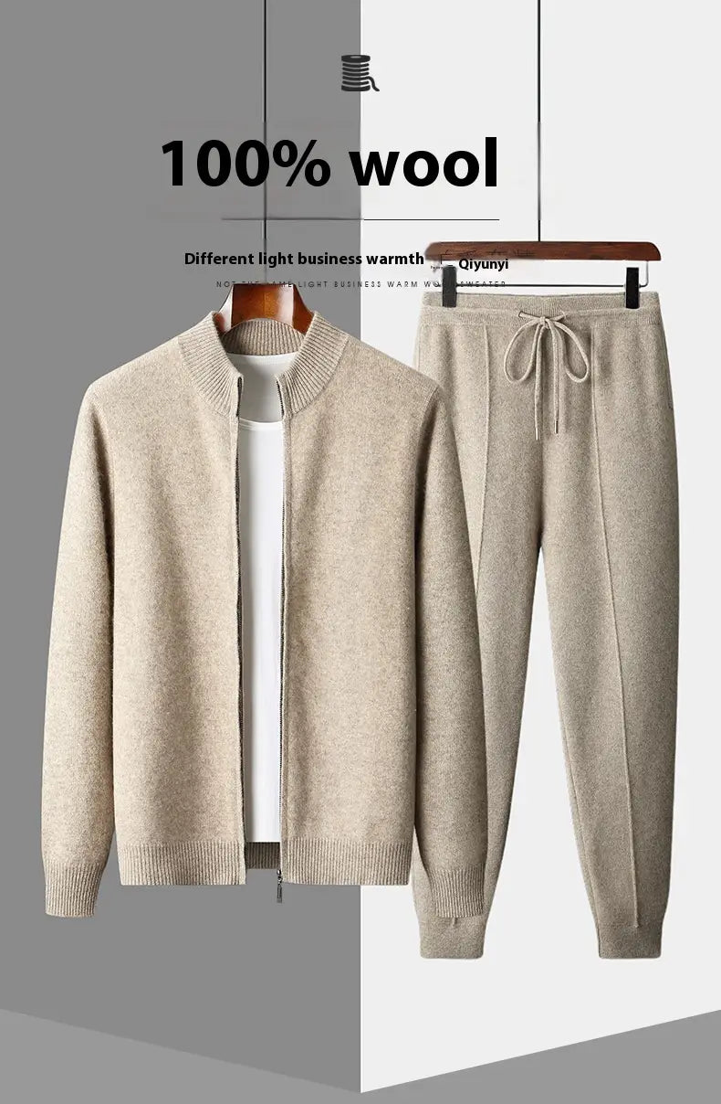 Wool Cardigan Men’s Stand Collar Zipper Knitted Sweater Coat Warm And Loose Cashmere Pants Men
