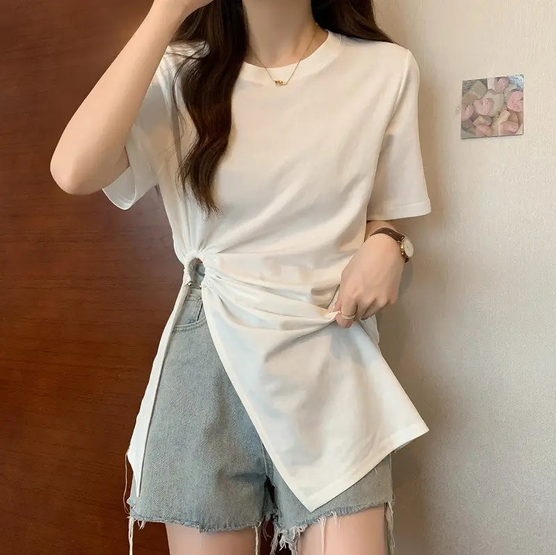 Cotton Irregular Split Short-sleeved T-shirt Women’s Summer