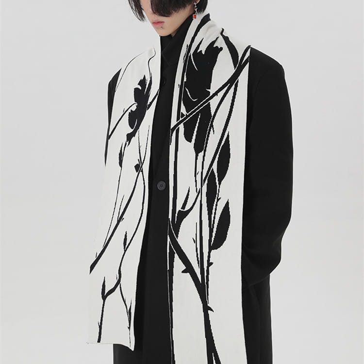 Original Hand-painted Black And White Thorn Rose Winter Neck Warmer Dehaired Angora Couple Scarf