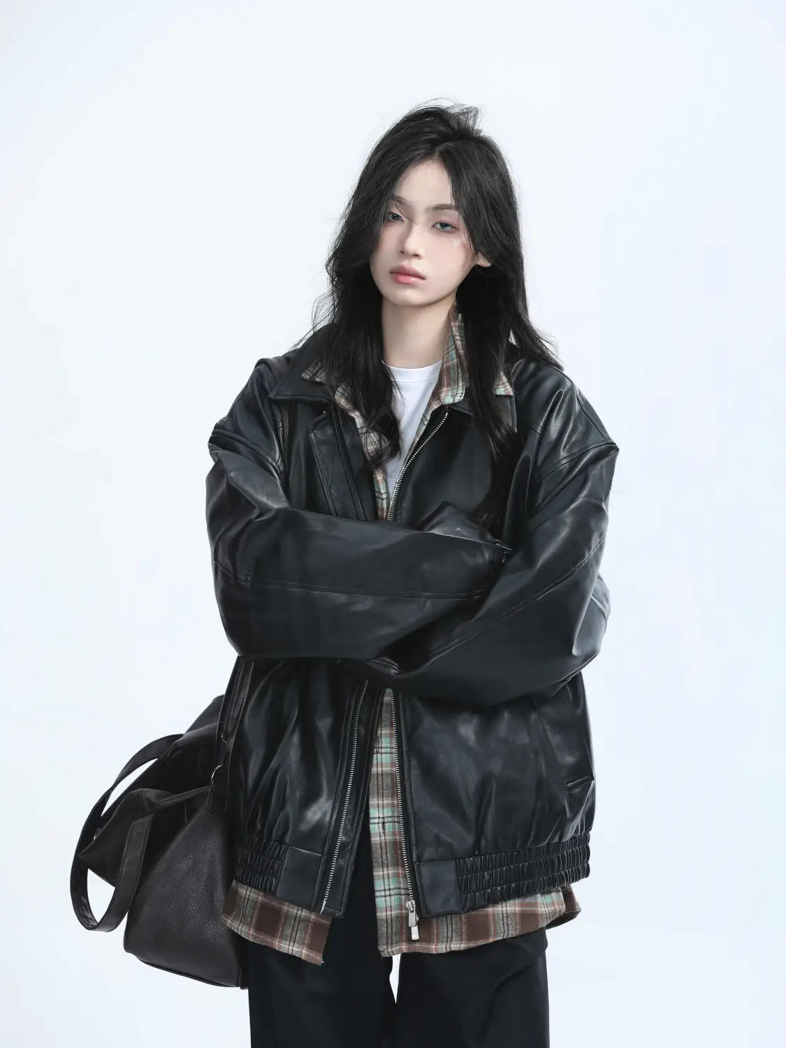 Brown Motorcycle PU Leather Coat Female Loose Jacket