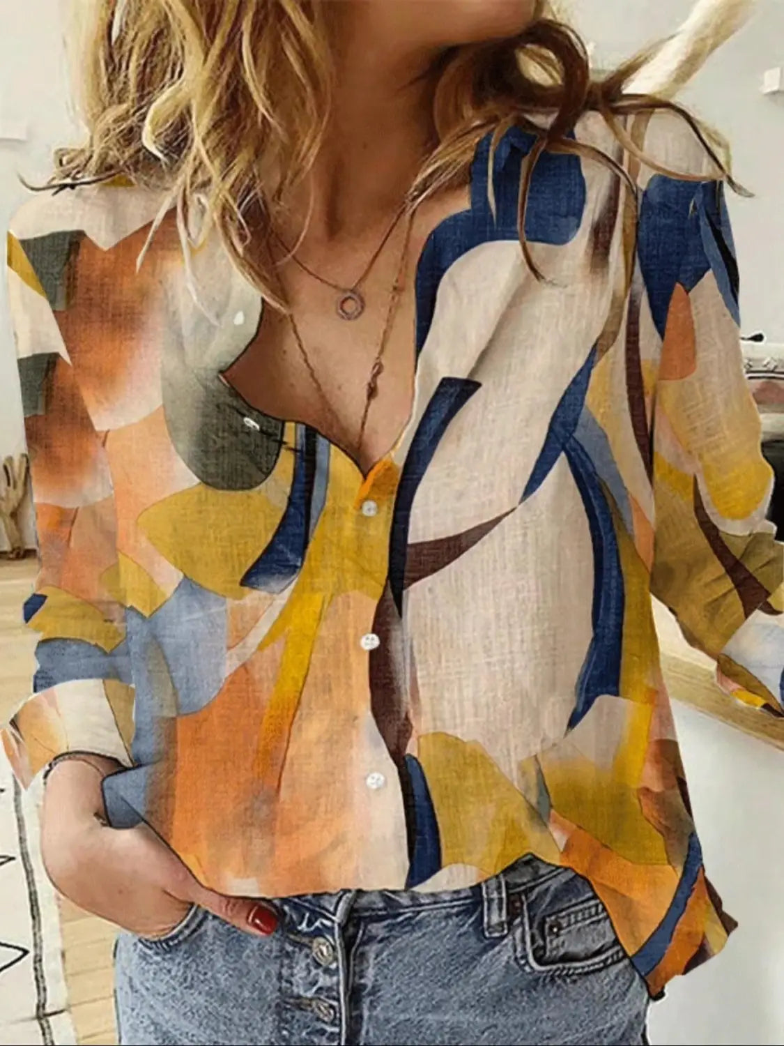 Loose Digital Printing Lantern Long Sleeve Shirt For Women