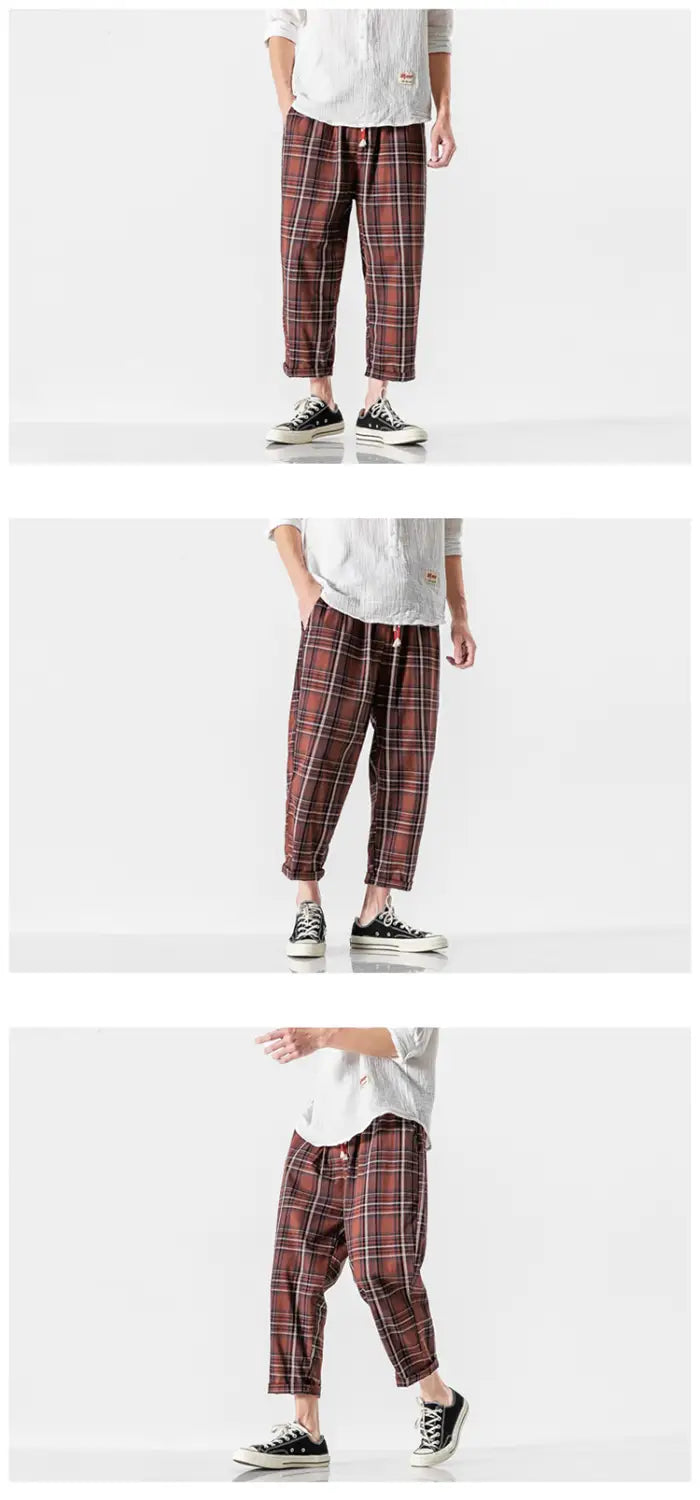 Plaid distressed Chinese style casual pants