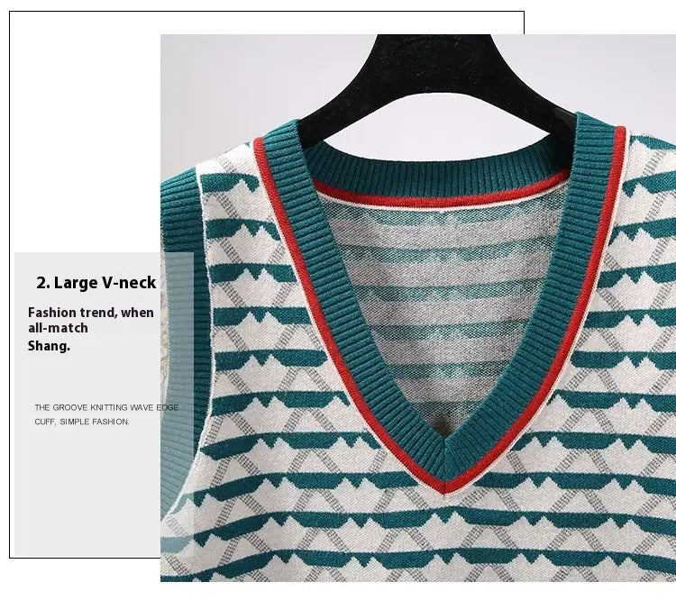 Retro Contrast Color Jacquard Ins Knitted Vest For Women