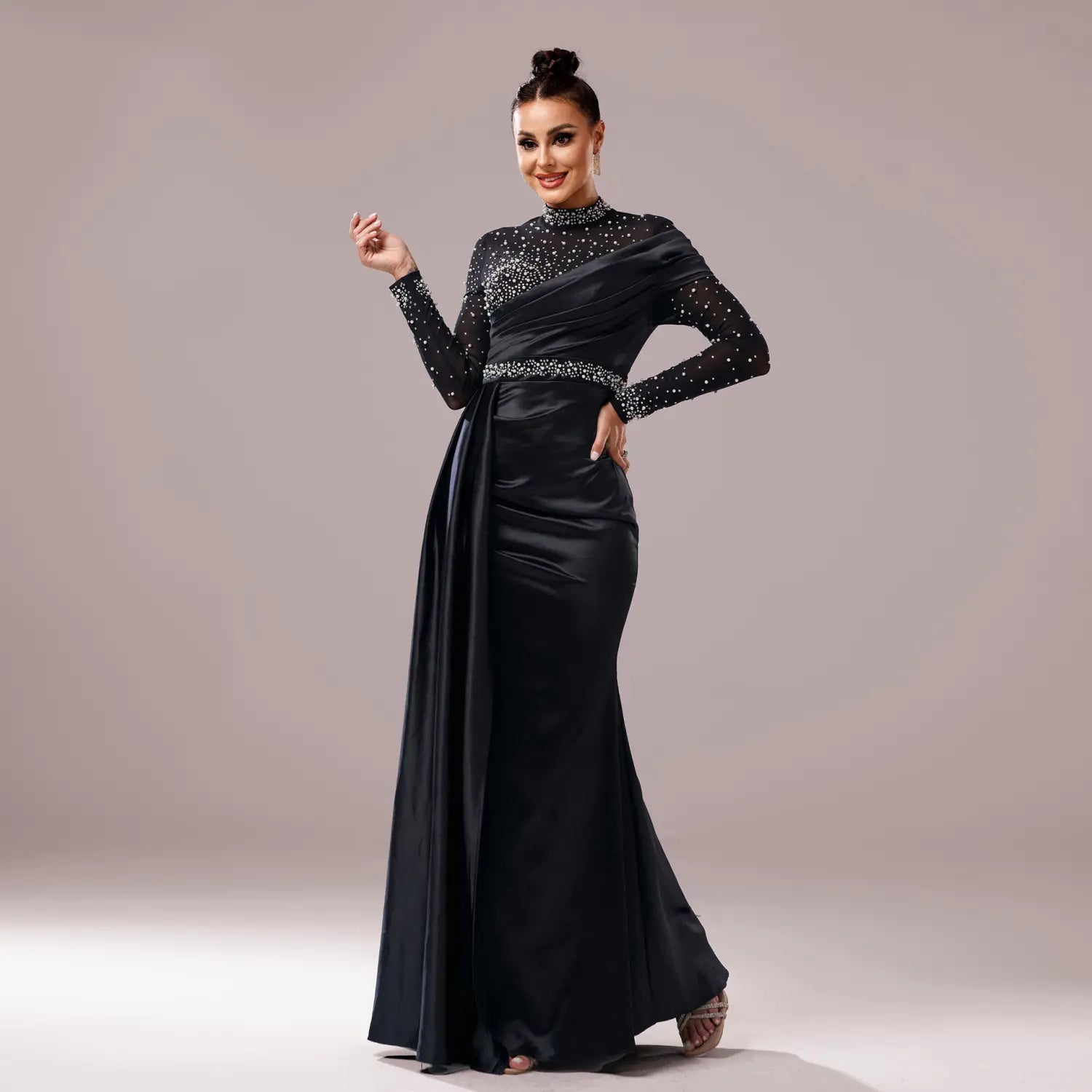 Long Sleeve Slim-fit Sheath Pearl Banquet Fishtail Evening Dress