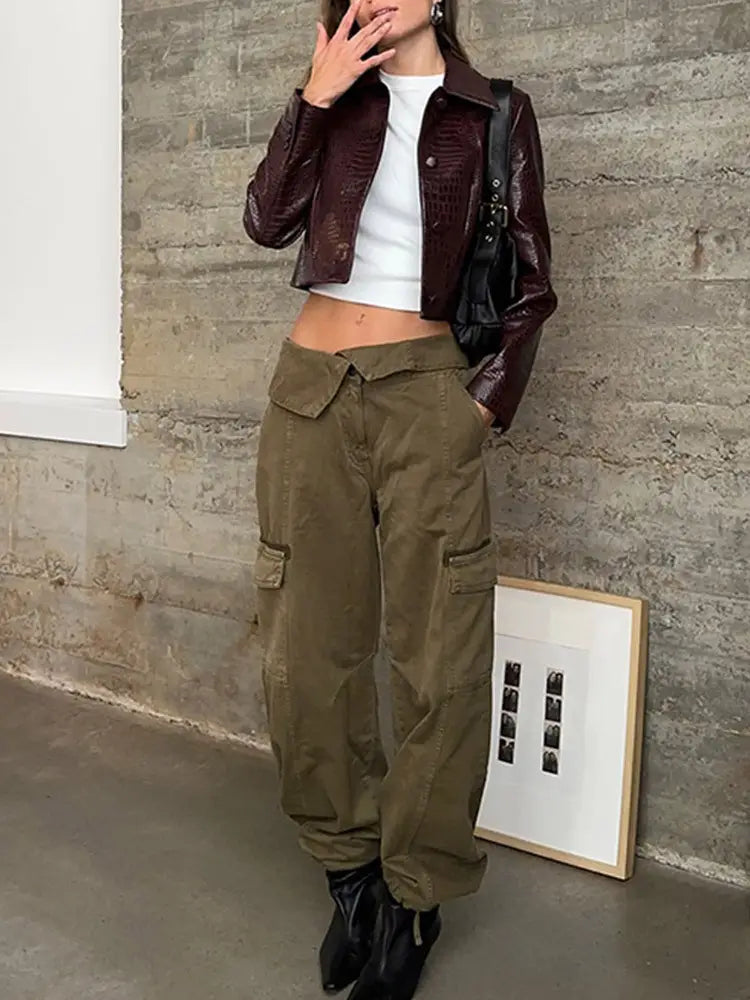 Wine Red Lapel Long Sleeve Leather Coat