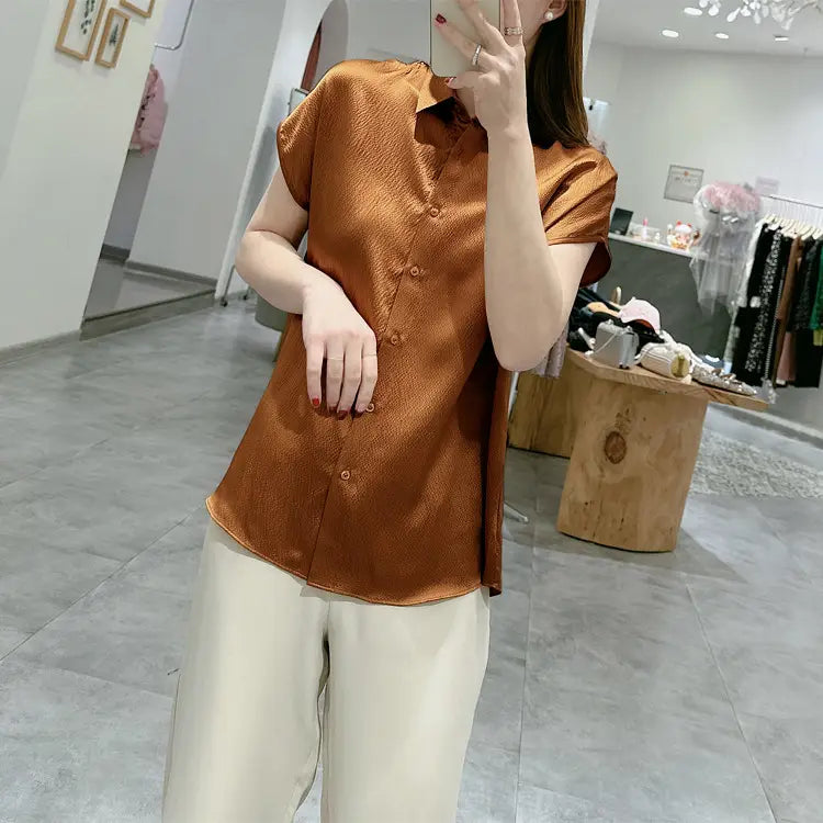 Pearl Satin Shirt Reverse Collar Single-breasted
