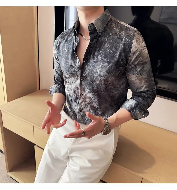 Trendy Tie-dye Printed Shirt Men’s Long Sleeve Spring Slim-fitting