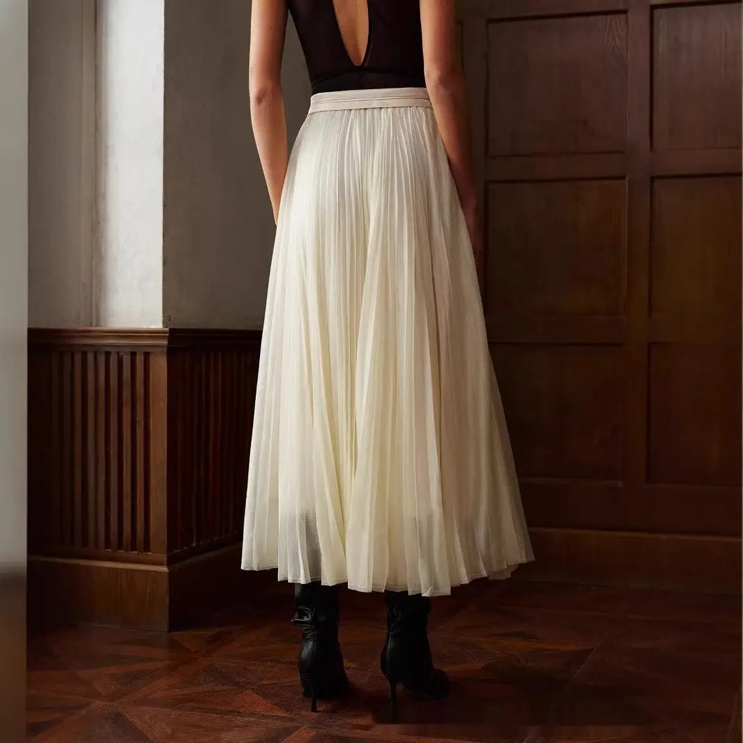 French Style Pleated Stitching High Waist Skirt