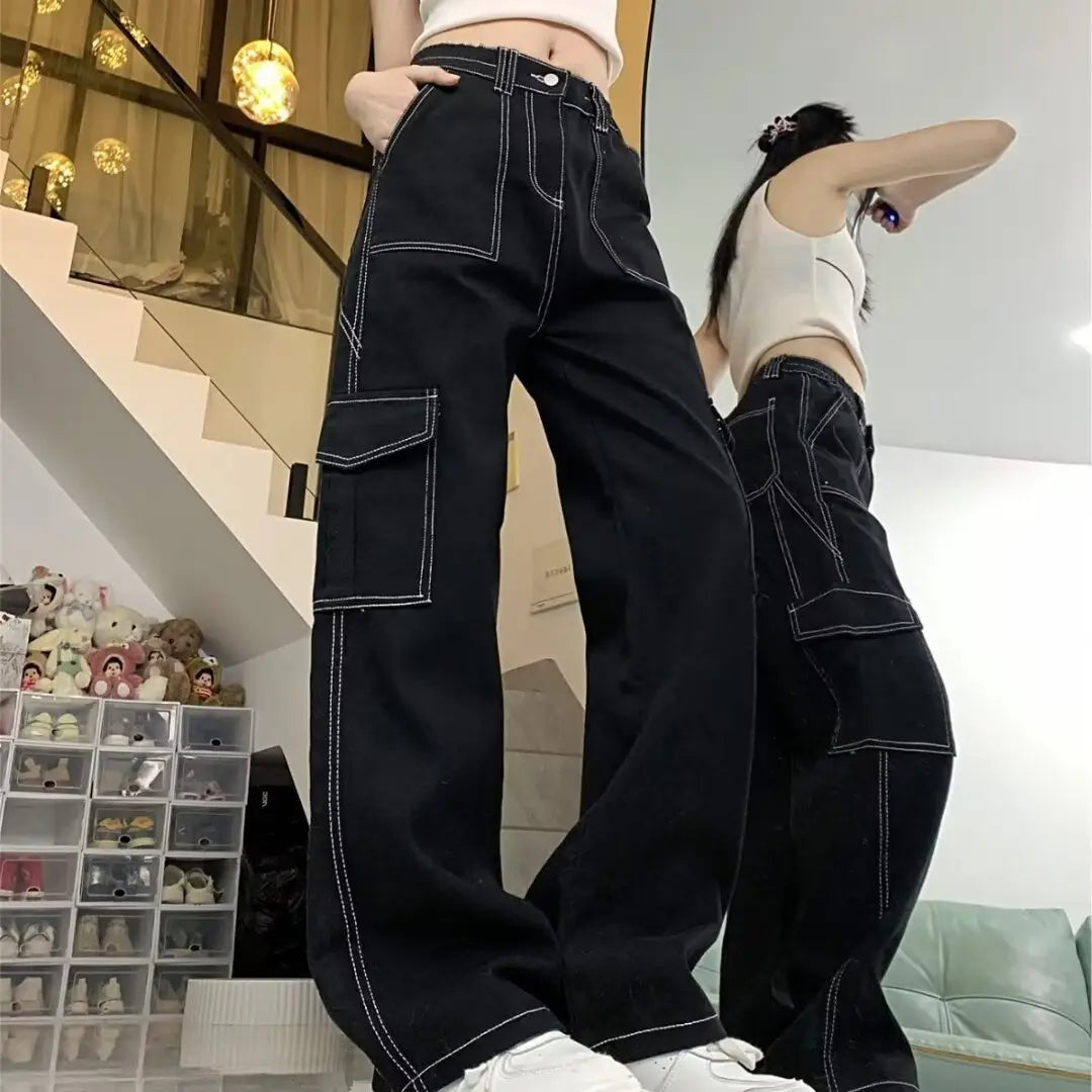 Jeans Women’s Straight Loose Spring Wide-leg Overalls