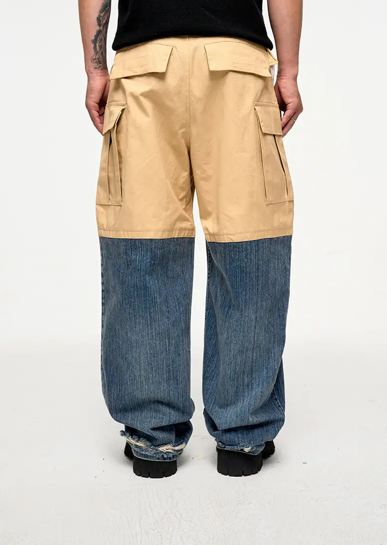 Retro Multi-pocket Stitching Denim Contrast Color Loose Straight Casual Pants