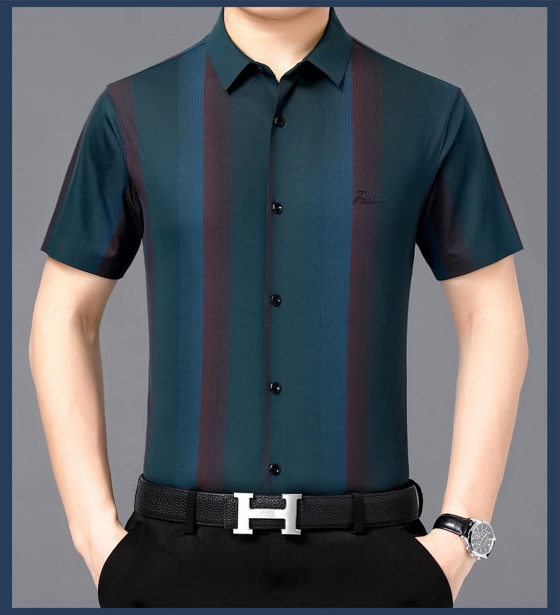 Summer New Men’s Shirt Daily Casual Loose Lapel Stripe Contrast Color
