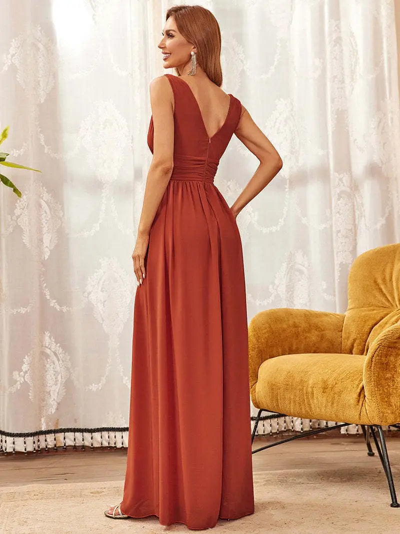 Deep V-neck Bridesmaid Plus Size High Waist Evening Dress