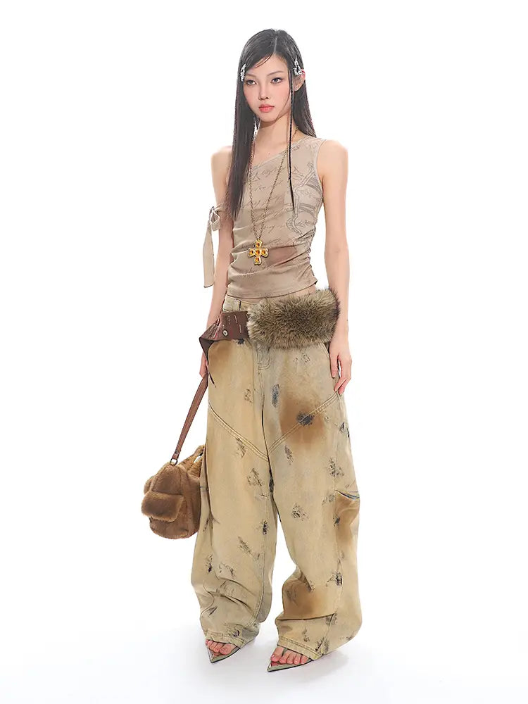 Washed Old Blooming Retro Machete Profile Loose Jeans