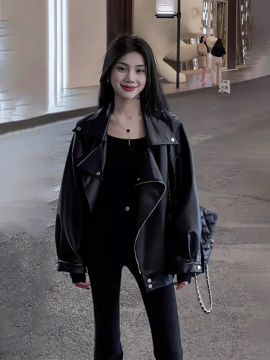 Casual Loose Small Plus Size Black Leather Coat