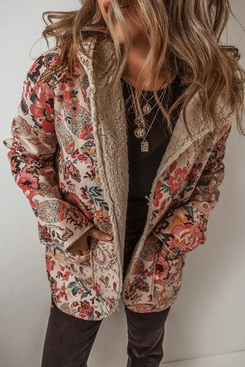 Casual Fleece Printed Long Sleeve Hooded Jacket