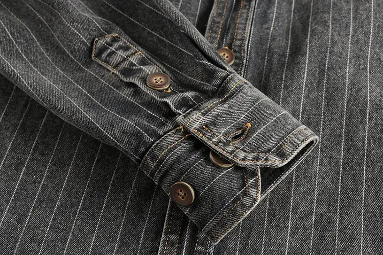 Men’s British Retro Black Gray Striped Denim Shirt