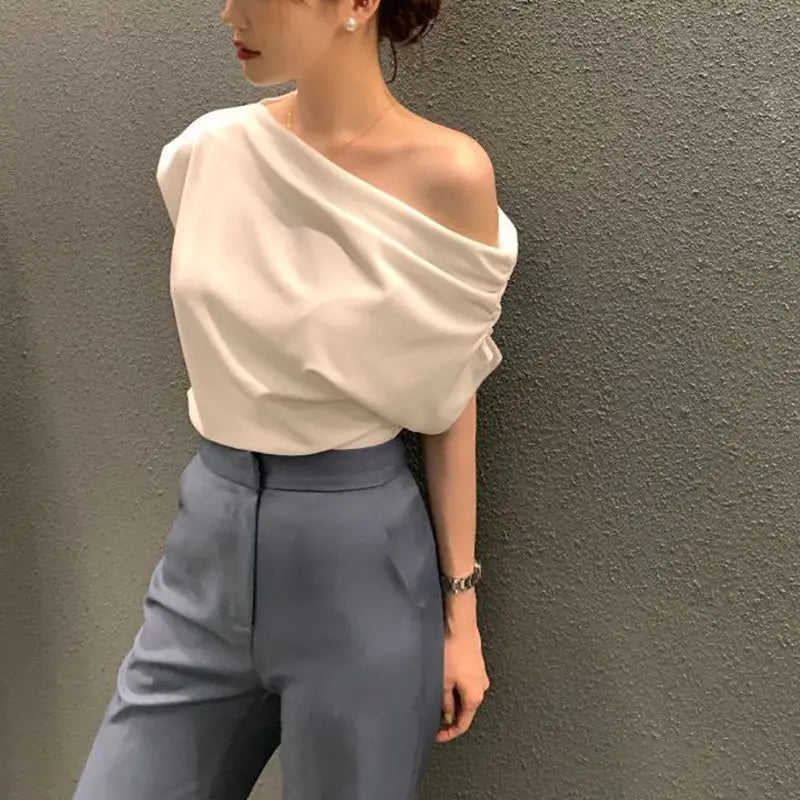 Irregular Shoulder Design Loose Solid Color Pullover Short Sleeve T-shirt