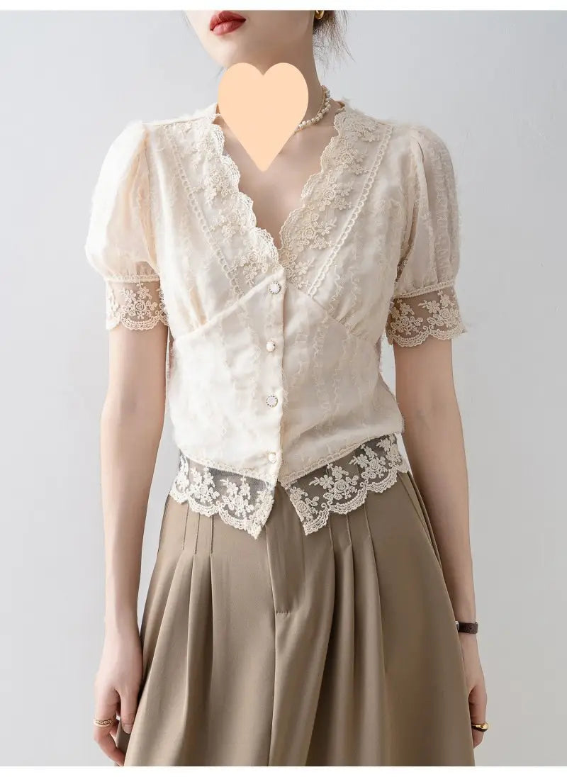 New Women’s Summer Short Sleeve Chiffon Lace Shirt Top
