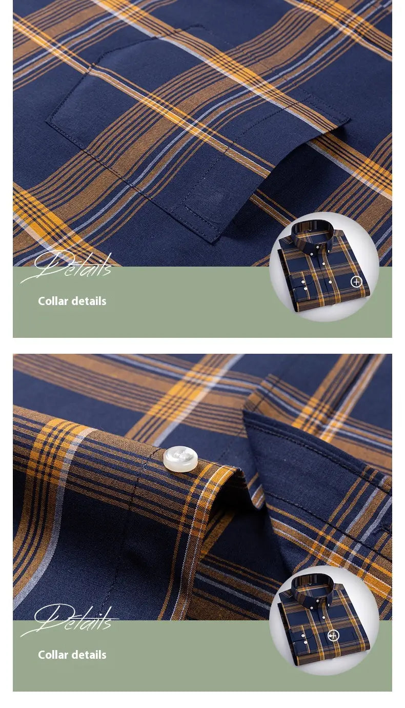 Men’s Xinjiang Cotton Plaid Buckle Collar Casual Cardigan Shirt