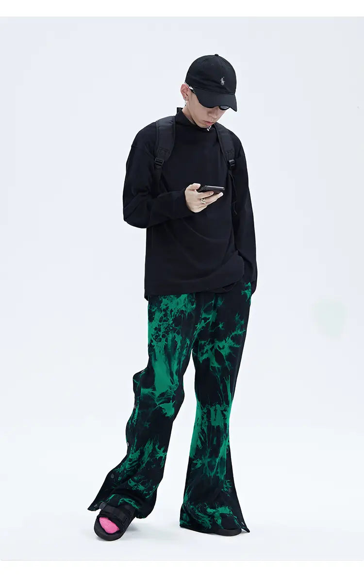Black And Green Tie Dye Zipper Breasted Pants For Men