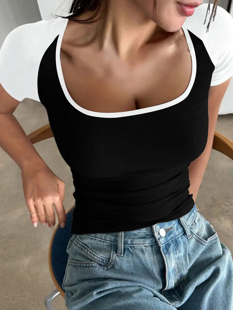 European And American Y2g Sexy Slim U-neck Contrast Color Short Sleeve