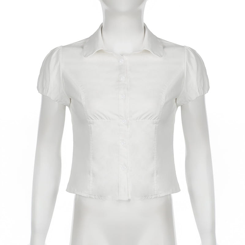 Solid Color Simple Waist Fitted Puff Sleeve Polo Shirt