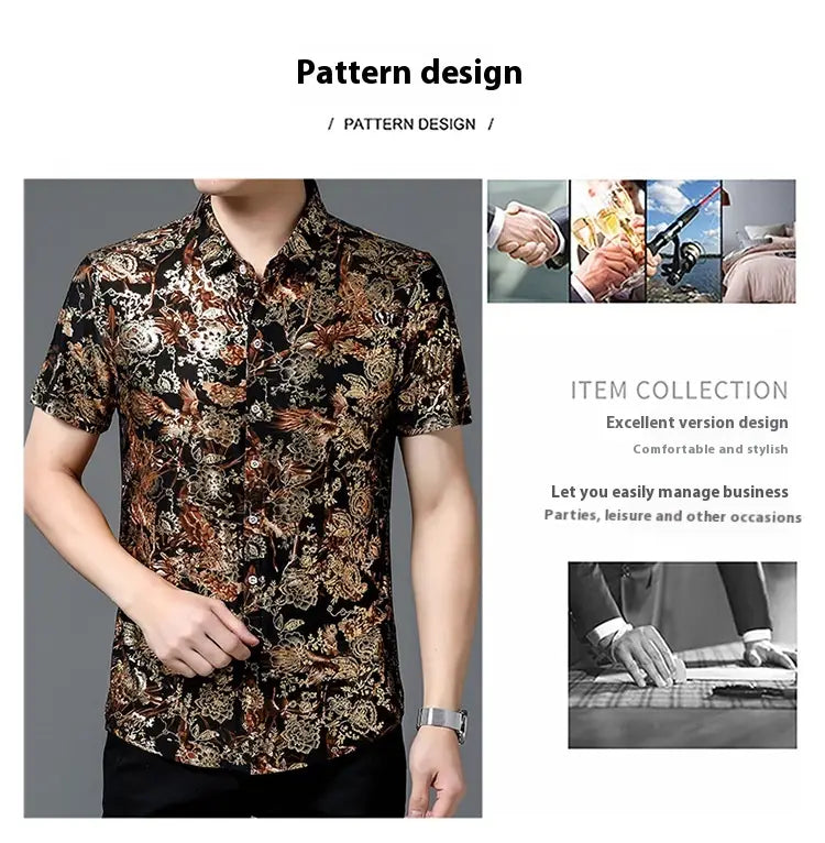 Summer Men’s Middle-aged Printed Shirt Short Sleeve Stretch Ice Silk Leisure