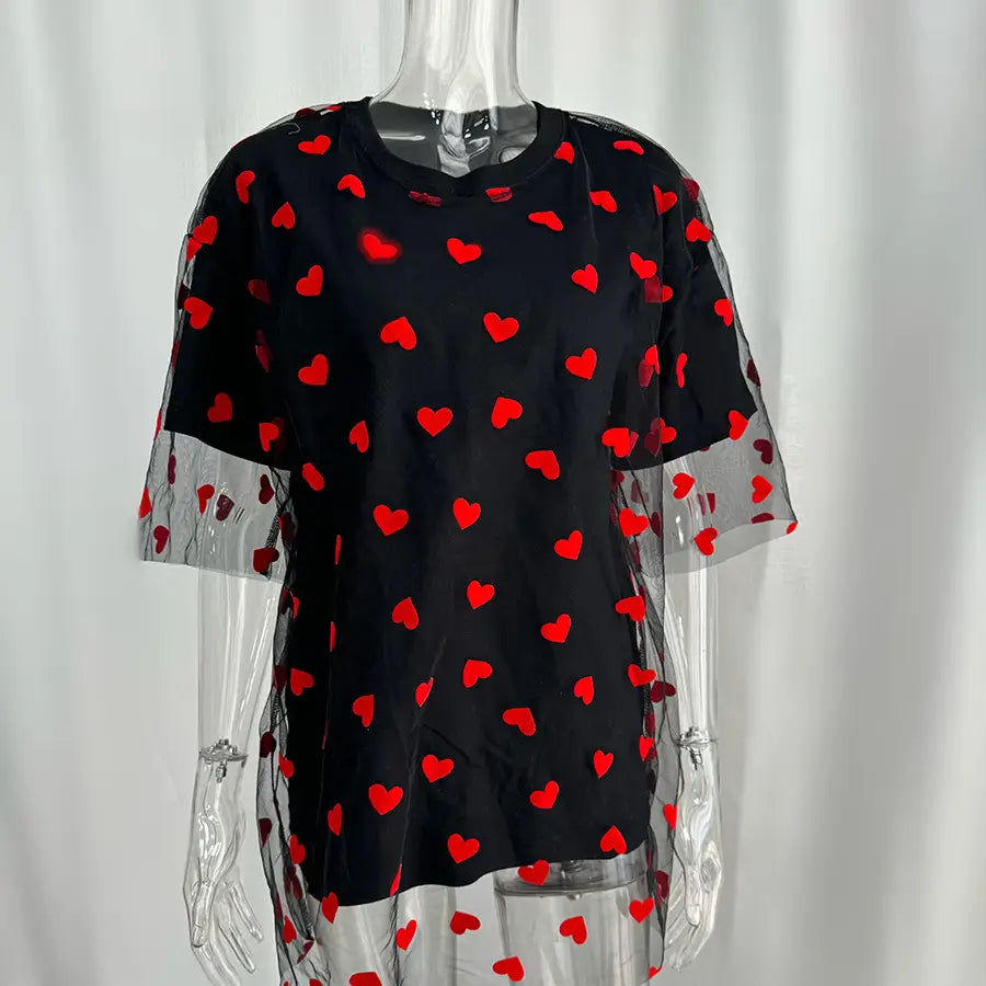European And American Style Women’s Love Mesh Stitching Loose Basic Style Round Neck Short Sleeve T-shirt
