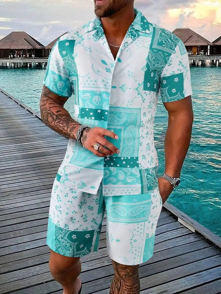 Contrast Color Retro Totem 3D Printed Shirt Shorts 2 Pieces Suit