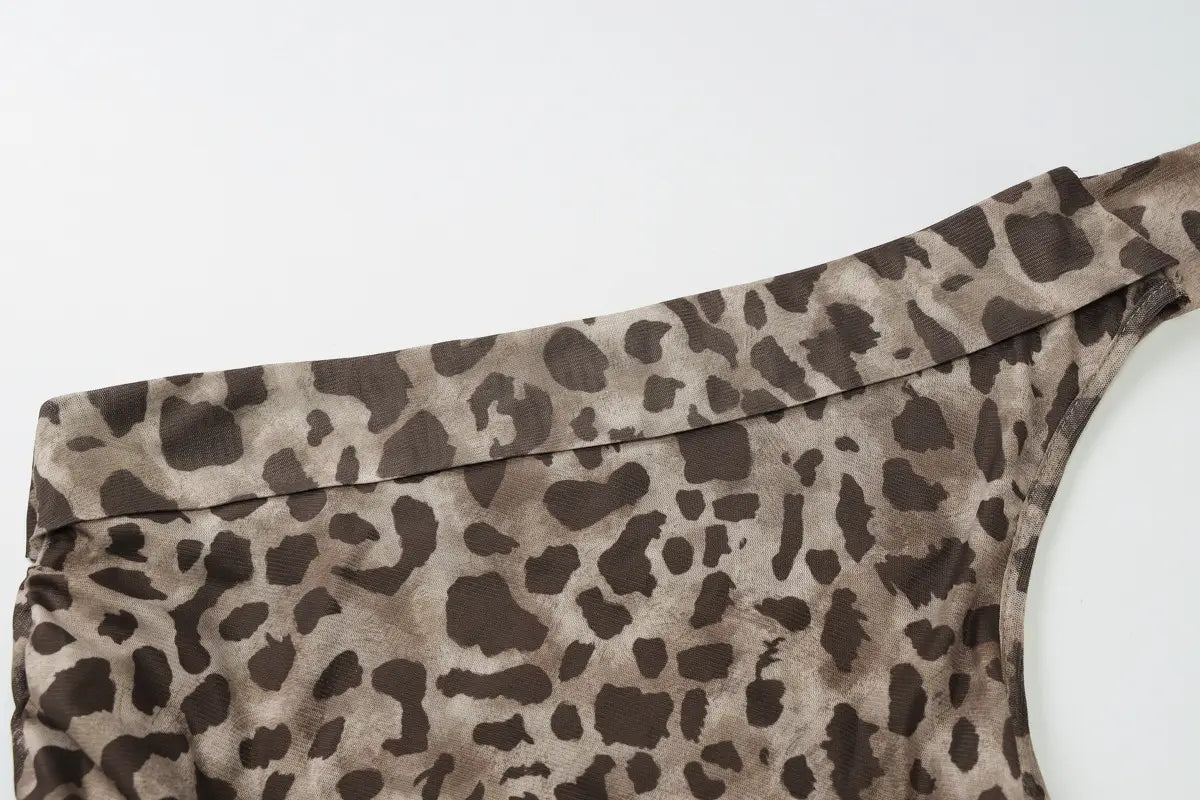 Leopard Print Crossbody Sleeveless Ribbon Short Tight Vest