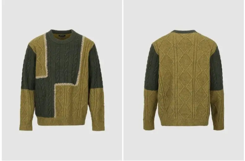 Men’s Retro Casual Contrast Color Patchwork Round Neck Knitwear