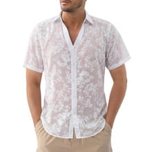 Hawaiian Jacquard Shirt Transparent Cutout Short Sleeve Thin Holiday Beach Shirt