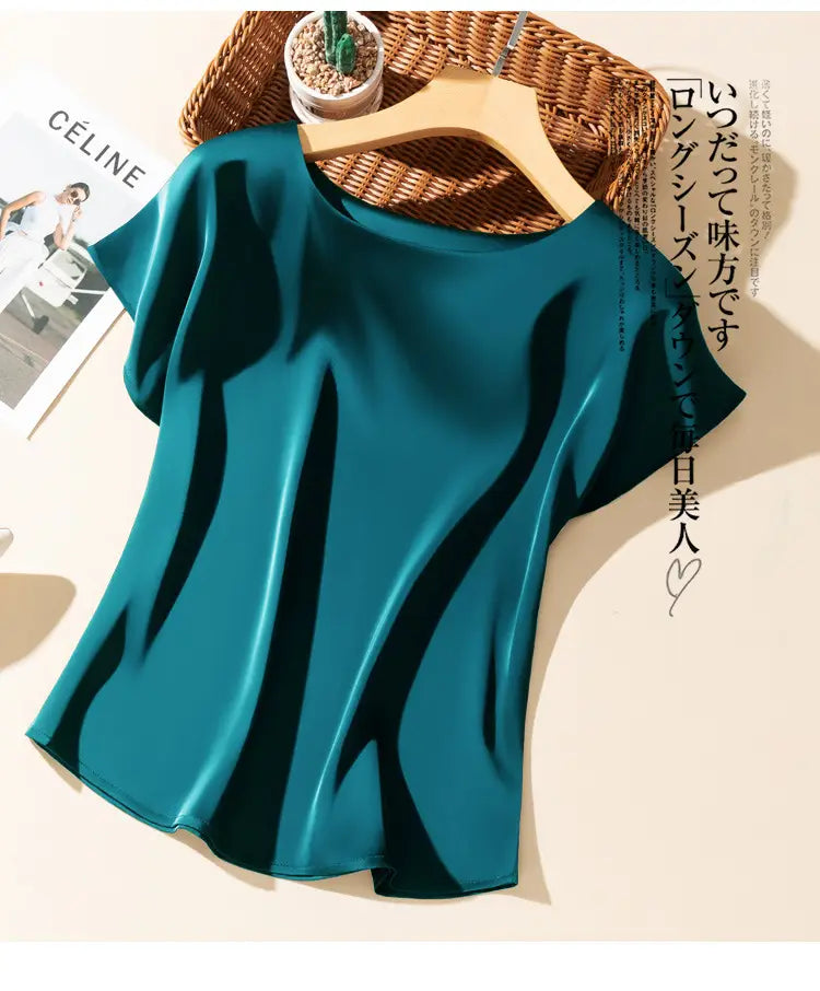 Silky Acetate Satin Round Neck T-shirt For Women