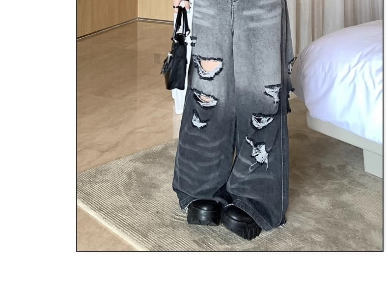 Gradient Color Big Ripped Hot Girl Wide Leg Jeans For Women