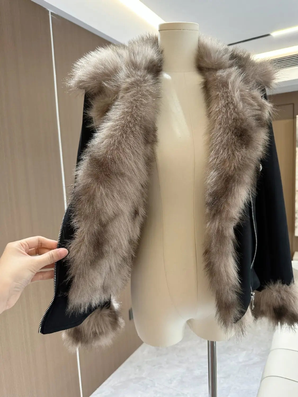 Winter Black Fur Motorcycle Warm Jacket