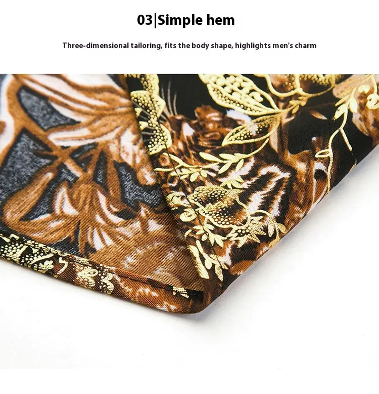 Summer Men’s Middle-aged Printed Shirt Short Sleeve Stretch Ice Silk Leisure