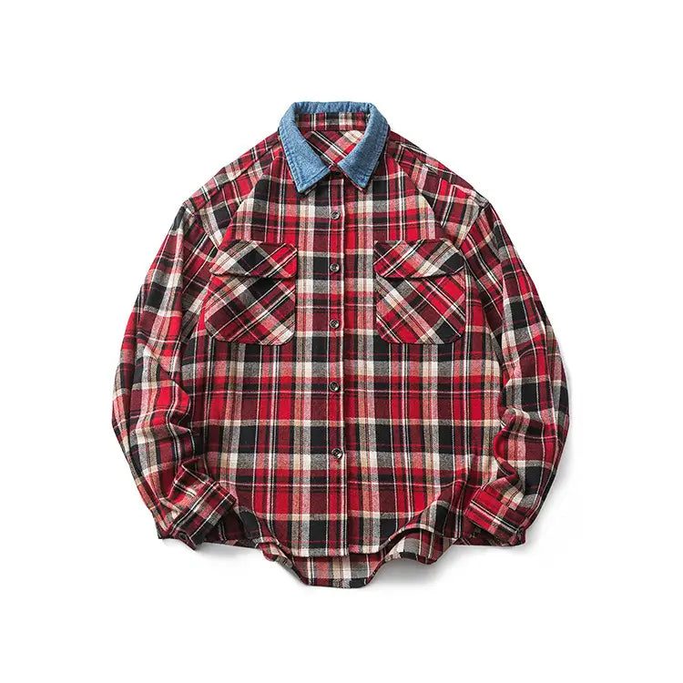 New Denim Lapel Plaid Shirt Men’s Retro