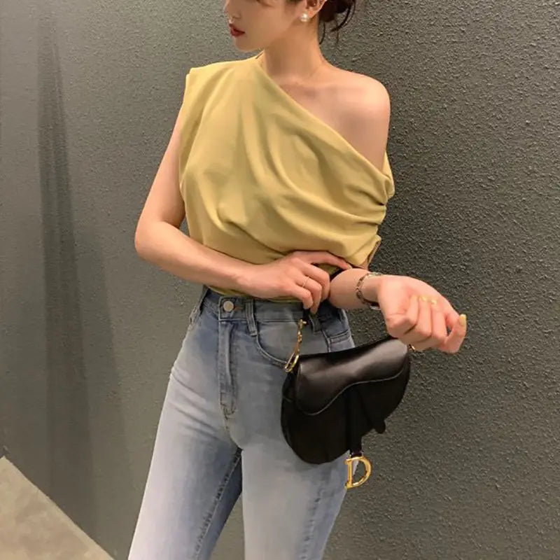 Irregular Shoulder Design Loose Solid Color Pullover Short Sleeve T-shirt