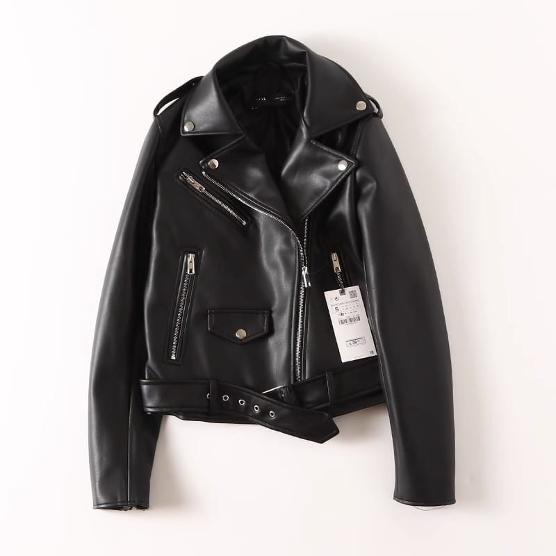 Women’s Black PU Leather Zip Jacket
