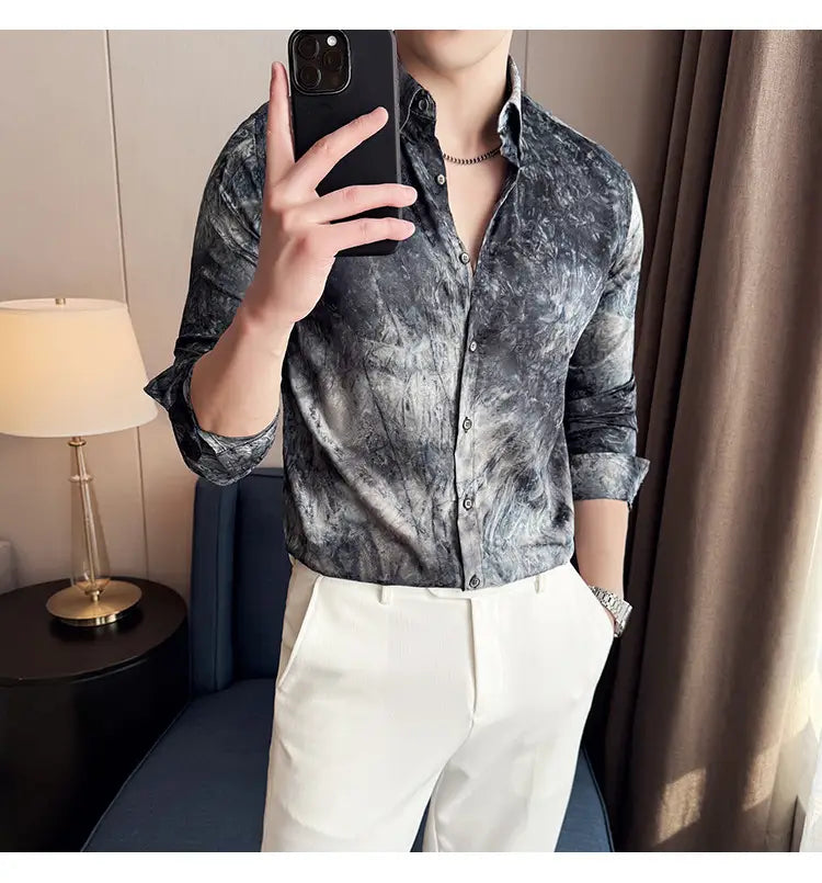 Trendy Tie-dye Printed Shirt Men’s Long Sleeve Spring Slim-fitting
