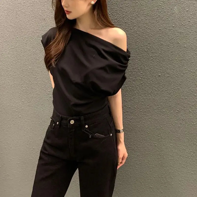 Irregular Shoulder Design Loose Solid Color Pullover Short Sleeve T-shirt