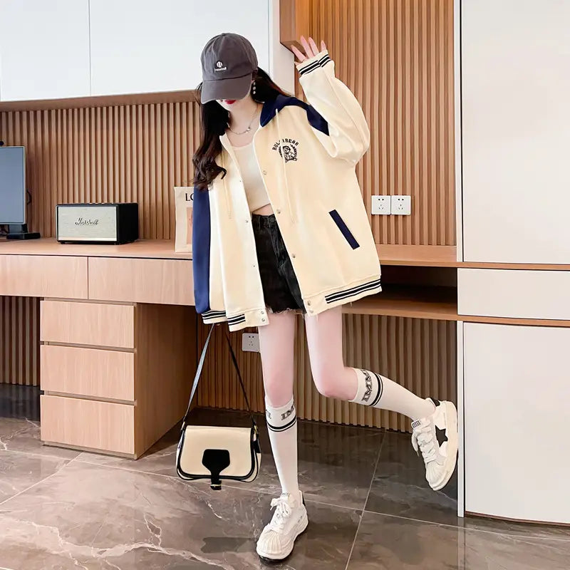 Casual Fashion Sweater Heavy Industry Cartoon Embroidery Contrast Color Baseball Uniform