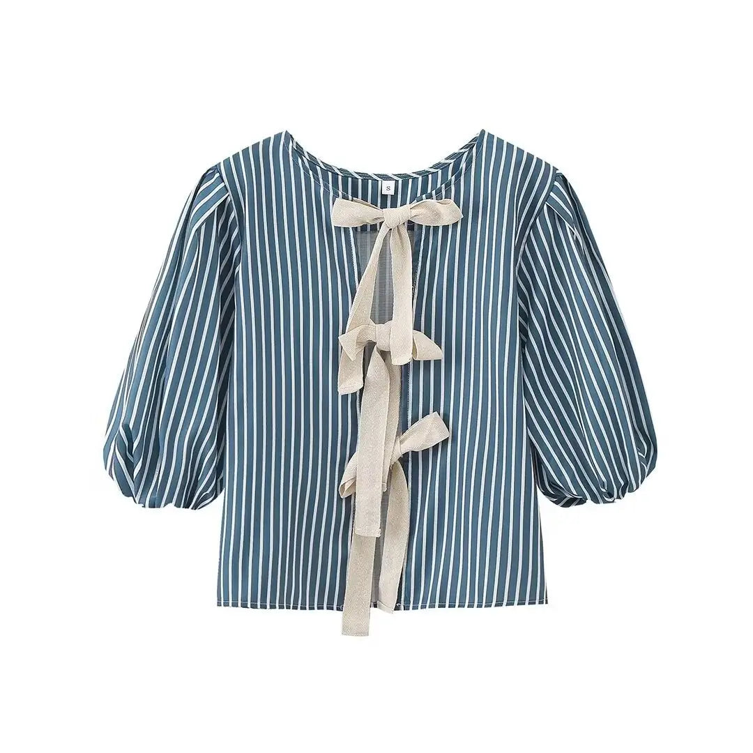 European And American Style Women’s Striped Bow Lace-up Top