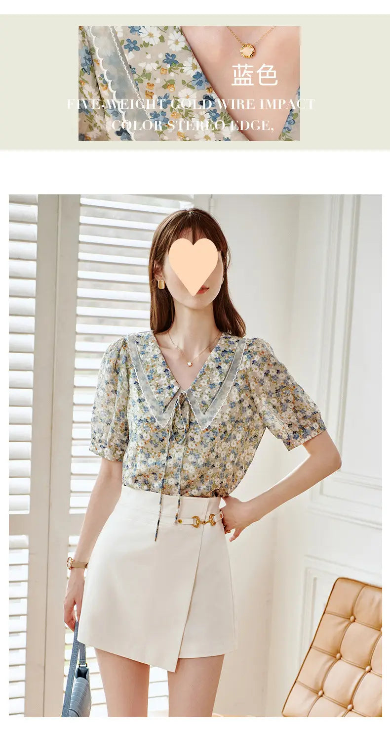 New Short Sleeve Elegant Slimming French Collar Design Floral Chiffon Shirt