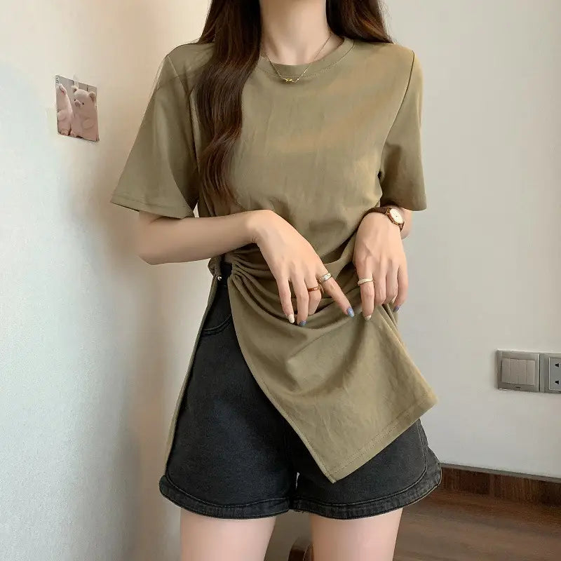 Cotton Irregular Split Short-sleeved T-shirt Women’s Summer