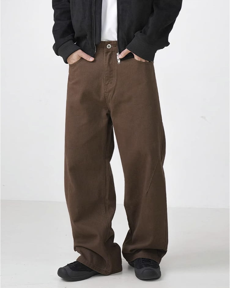 Washed Cotton Retro Brown Straight-leg Trousers