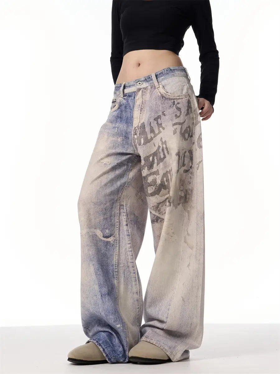 3D Printing Gradient Letter Printed Jeans Long Pants
