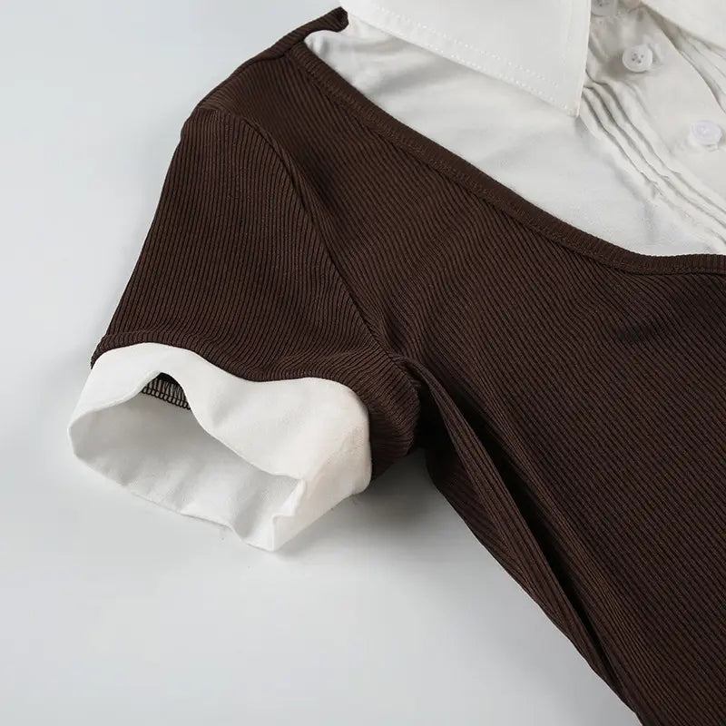 American Retro Polo Collar Stitching Fake Two Pieces Short Sleeve T-shirt For Women