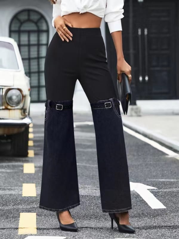 Fashion Slim Knit Denim Stitching Elastic Waist