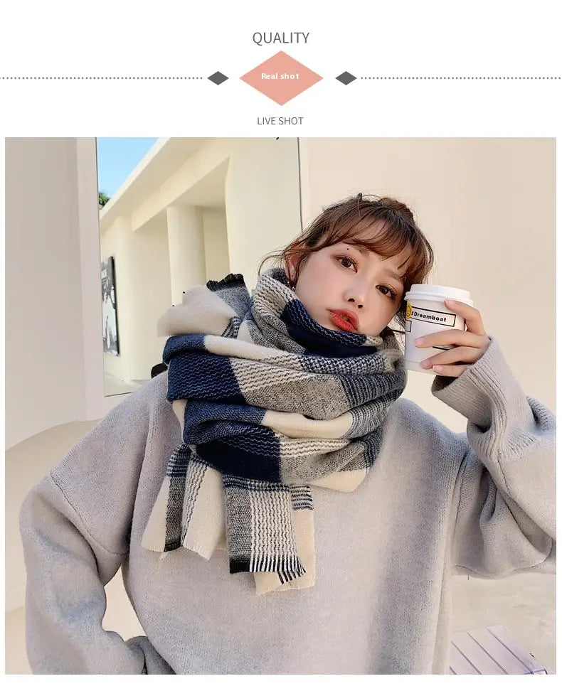 Women’s Japanese-style White And Blue Plaid Scarf